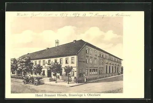 Künstler-AK Braunlage i. Oberharz, Hotel Brauner Hirsch und Auto