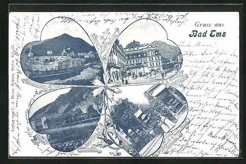 AK Bad Ems, Filiale der Firma C. A. Heinr. Schulz Colonnade 20, Kurhaus Kaiserwohnung, Kursaal & Kurgarten Colonnade