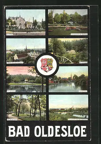 AK Bad Oldesloe, Hotel Kurhaus, Konzertplatz am Hotel Kurhaus, Partie am Salzteich, Wappen