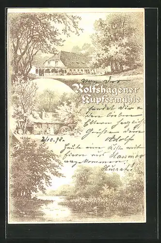 Lithographie Rolfshagen, Gasthaus Kupfermühle, Teich mit Schwan