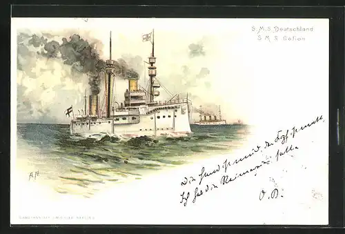 Lithographie A. Heide: Kriegsschiffe SMS Deutschland und Gefion des Ostasiengeschwaders in chines. Gewässern