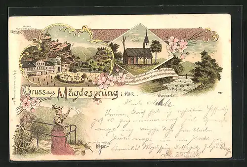 Lithographie Harzgerode-Mägdesprung / Harz, Hotel Mägdesprung, Wasserfall, Schutzhütte