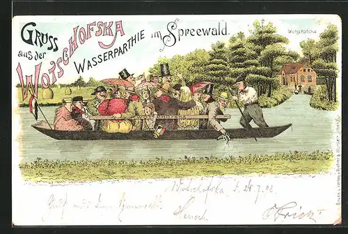 Lithographie Lübbenau, Gasthaus Wotschofska, Wasserpartie im Spreewald, Gäste in der Gondel