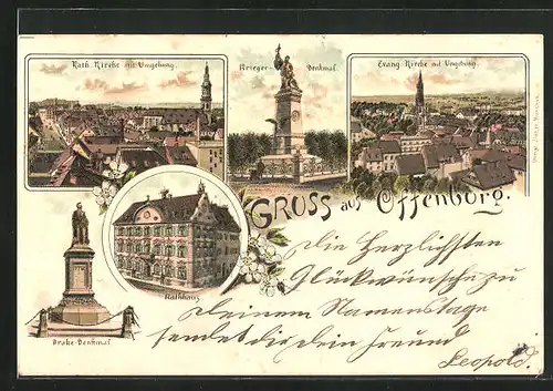 Lithographie Offenburg, Rathaus, Kriegerdenkmal, Totalansicht mit Kirche