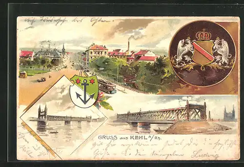 Lithographie Kehl / Rhein, Ortspartie mit Strassenbahn, Brücke und Wappen