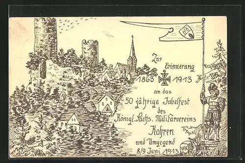 Künstler-AK Kohren, Erinnerung an das 50 jährige Jubelfest 1913, Sicht auf die Ruine