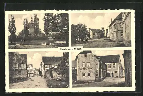 AK Milda, Gasthaus, Ortspartie mit Blick zur Kirche