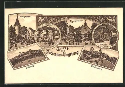 Lithographie Bockenem, Gasthaus Jägerhaus, Dillsburg, Wohldenberg, Hubertushöhle