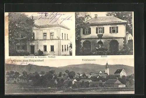 AK Rugendorf, Totalansicht mit Gasthaus und Brauerei Nützei mit Keller