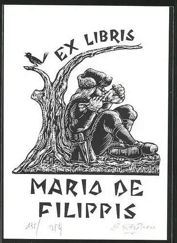 Exlibris Mario de Filippis, Vogel auf Ast, Mann beim Essen