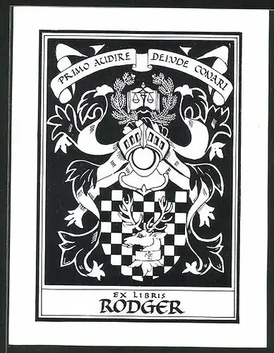 Exlibris Rodger, Wappen mit Waage, Ritterhelm und Hirschkopf