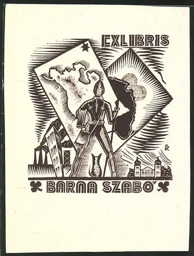 Exlibris Barna Szabo, Gelehrter mit Hund vor neuer Stadt