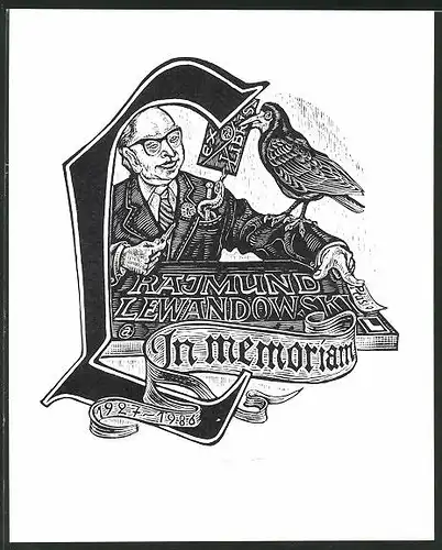 Exlibris Rajmund Lewandowski mit Vogel und Schlange