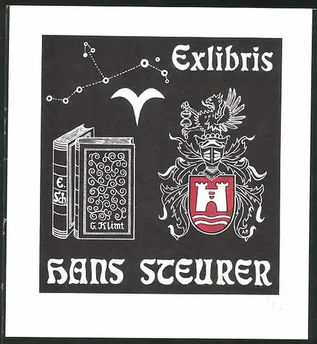 Exlibris Hans Steurer, Wappen mit Burg und Ritterhelm, Sternzeichen