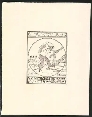 Exlibris Herman Mulder, Mann mit Sack auf Treppe