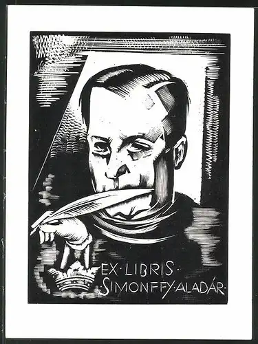 Exlibris Simonffy Aladár, Mann mit Feder und Krone