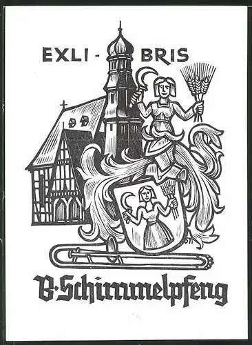 Exlibris B. Schimmelpfeng, Wappen mit Frau und Ritterhelm, Kirche