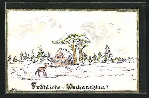Künstler-AK Handgemalt: Fröhliche Weihnachten, winterliche Landschaft mit Reh
