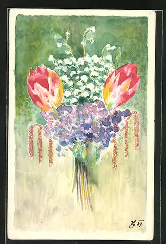 Künstler-AK Handgemalt: Bunter Blumenstrauss