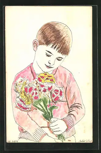 Künstler-AK Handgemalt: Junge mit Blumenstrauss