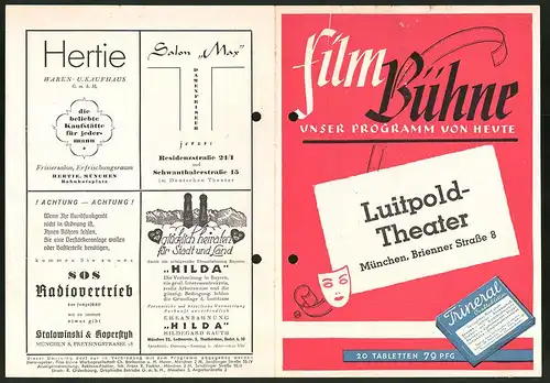 Filmprogramm Filmbühne, Reklame für Trineral-Tabletten, Gasthaus Deutsches Theater in München