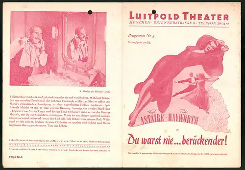 Filmprogramm Luitpold Theater Nr. 5, Du warst nie...berückender!, Fred Astaire, Rita Hayworth, Regie: William A. Seiter
