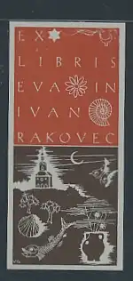 Exlibris Eva in Ivan Rakovec, Fischgräte, Kirchturm, Muschel