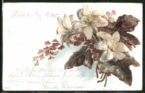 Glitzer-Perl-AK Weisse Blüten und dunkle Blätter