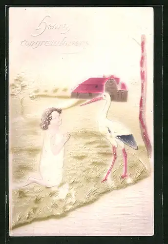 Präge-Airbrush-AK Frau bittet Storch um Hilfe
