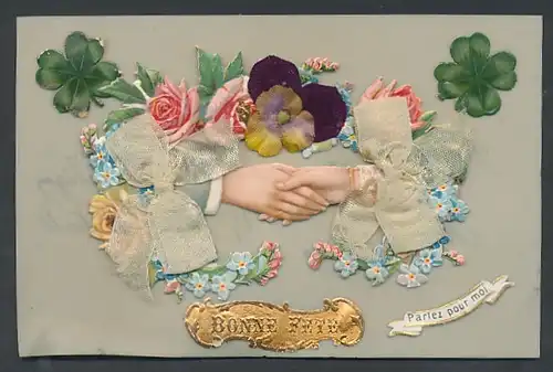 Zelluloid-AK Händedruck mit Schleifen und Blumen