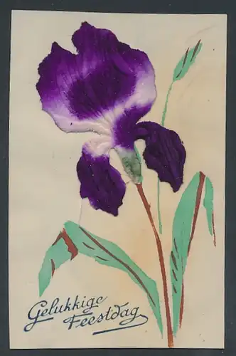 Zelluloid-AK Violetter Blume mit Stengel und Blättern