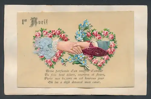 Zelluloid-AK Lieblicher Händedruck mit Herzen aus Rosen