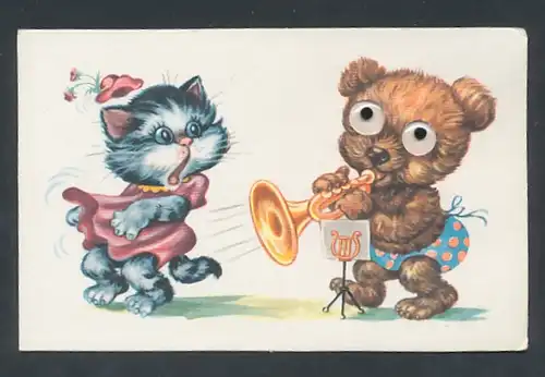 Glasaugen-AK Bär mit Trompete erschreckt Katze
