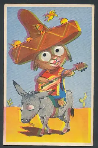 Glasaugen-AK Hase mit Sombrero und Gitarre auf Esel