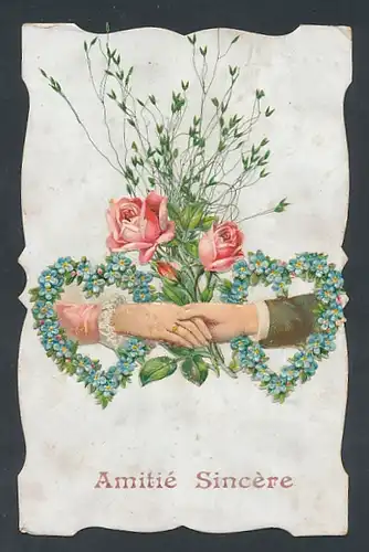 Trockenblumen-AK Händedruck der Liebe mit Rosen und Vergissmeinnicht