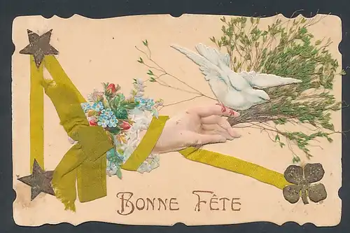 Trockenblumen-AK Weisse Taube sitze auf einer Hand