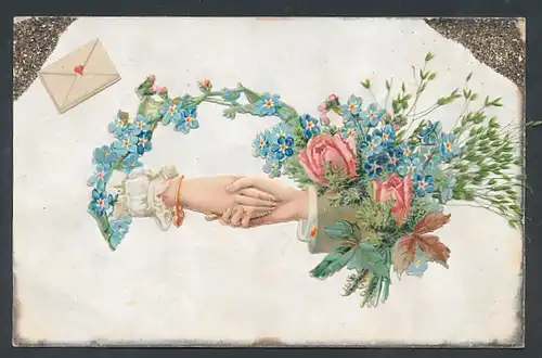 Trockenblumen-AK Blumengruss mit Händen von Mann u. Frau