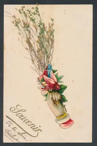 Trockenblumen-AK Hand hält einen Blumenstrauss