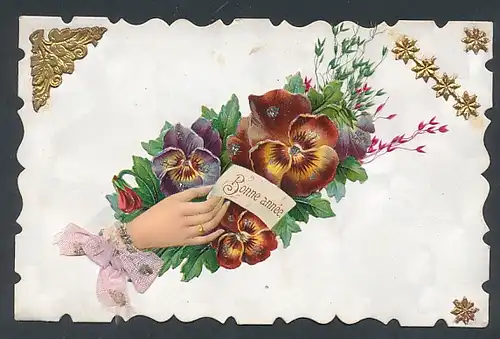 Trockenblumen-AK Frauenhand mit Stiefmütterchen