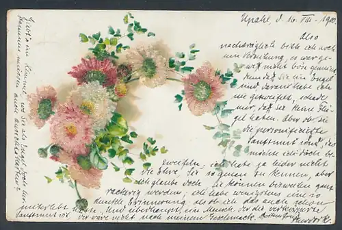 Glitzer-Perl-AK Blüten mit grünen Blättern