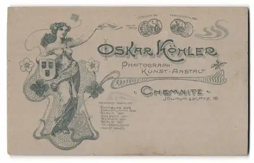 Fotografie Oskar Köhler, Chemnitz, Johannisplatz 16, Jugendstil, Dame nebst Blumenblüten & Medaillen
