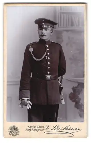 Fotografie E. Scheithauer, Zwickau i. S., Äussere Plauensche Str. 24, Portrait sächsischer Soldat in Uniform Rgt. 133