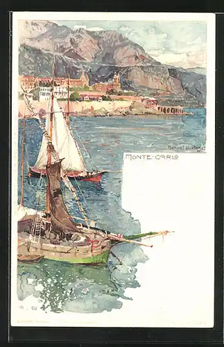 Künstler-AK Manuel Wielandt: Monte-Carlo, Stadt im Sonnenschein und Fischerboote