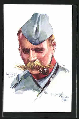Künstler-AK Em. Dupuis: La Bassée Decembre 1914, Französischer Soldat mit Pfeife, Nos Poilus No 1