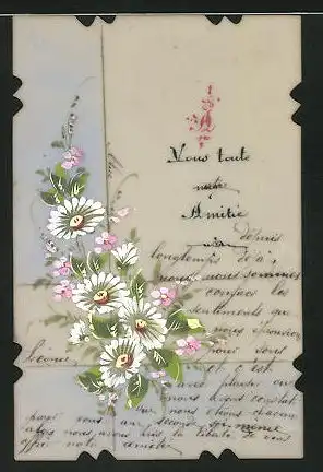 Mini-Zelluloid-AK Gruss mit bunten Blumen