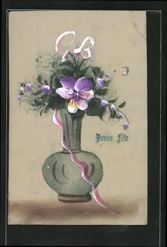 Zelluloid-AK Bonne Fete, Violette Blumen in einer Vase