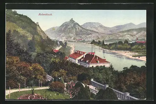 AK Rolandseck, Blick entlang des Rheins, Drachenfels