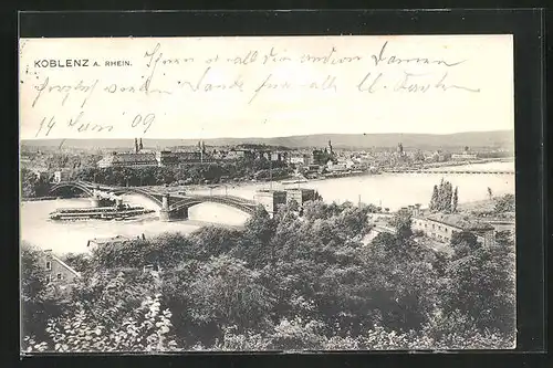 AK Koblenz a. Rhein, Ortsansicht mit Dampfer