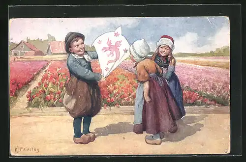 Künstler-AK Karl Feiertag: Holländische Kinder in Holzschuhen am Blumenbeet