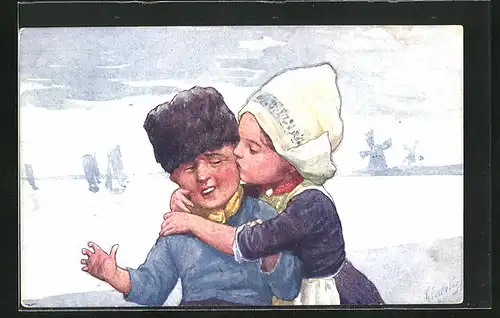 Künstler-AK Karl Feiertag: Holländisches Mädchen küsst Jungen